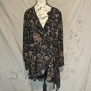 torrid Black Floral Wrap Blouse with Ruffle Hem